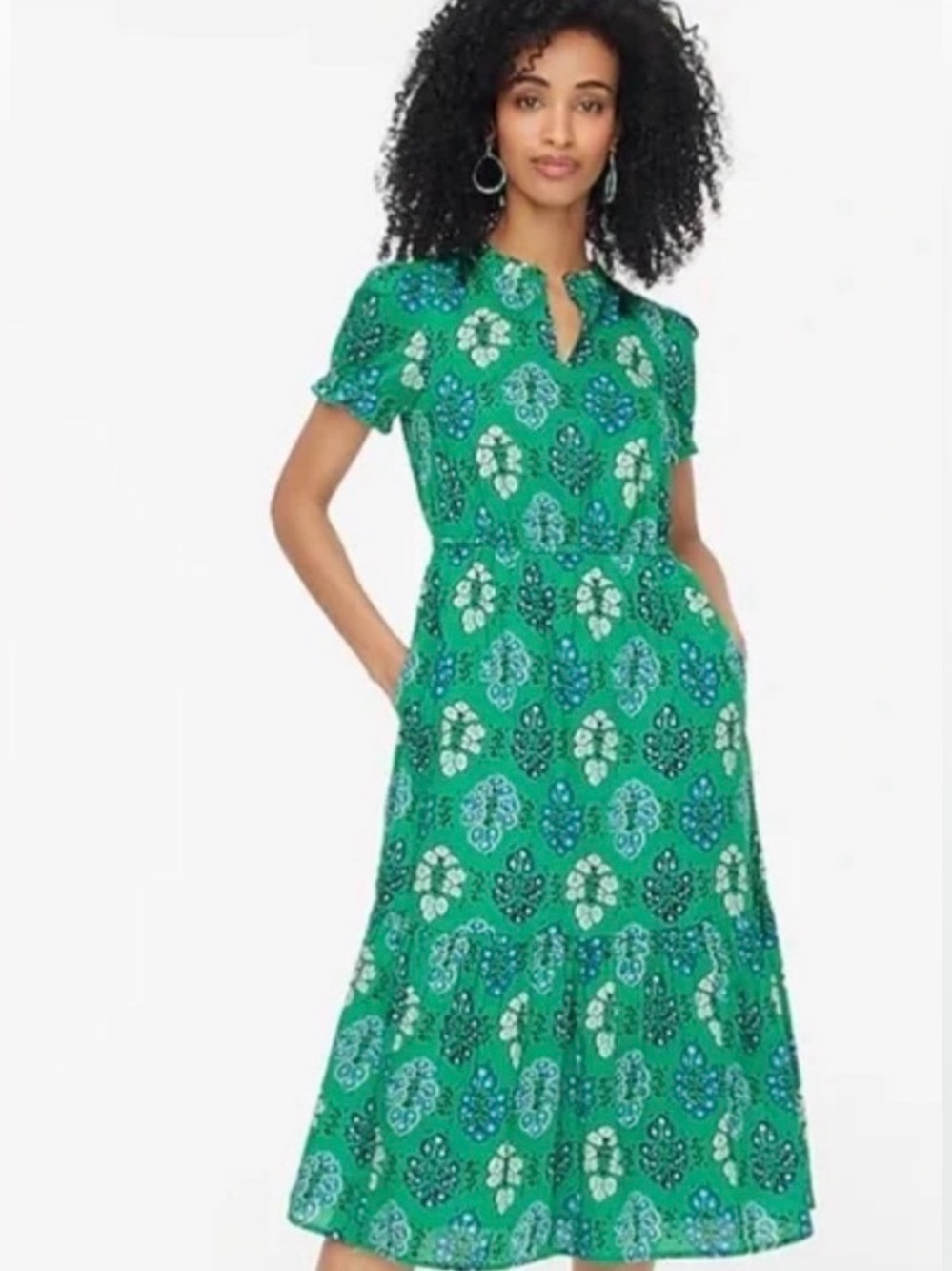 J. Crew Factory Green Printed Short-Sleeve Midi Dress